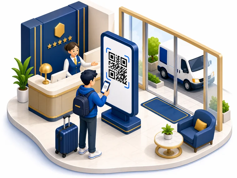 ゲストがホテルのQRコードを読み取り荷物配送を申し込むアイソメトリックイラスト